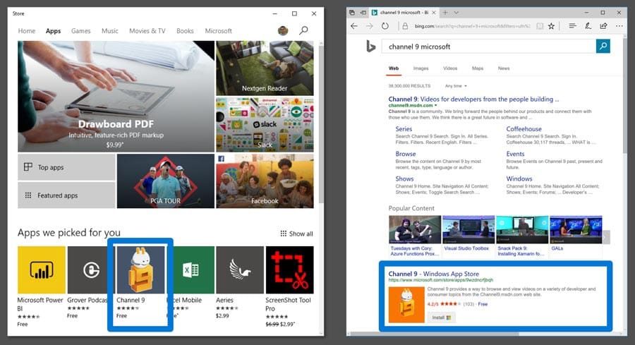 A screenshot of the Bing search results showing a PWA in the same place as Windows Store apps